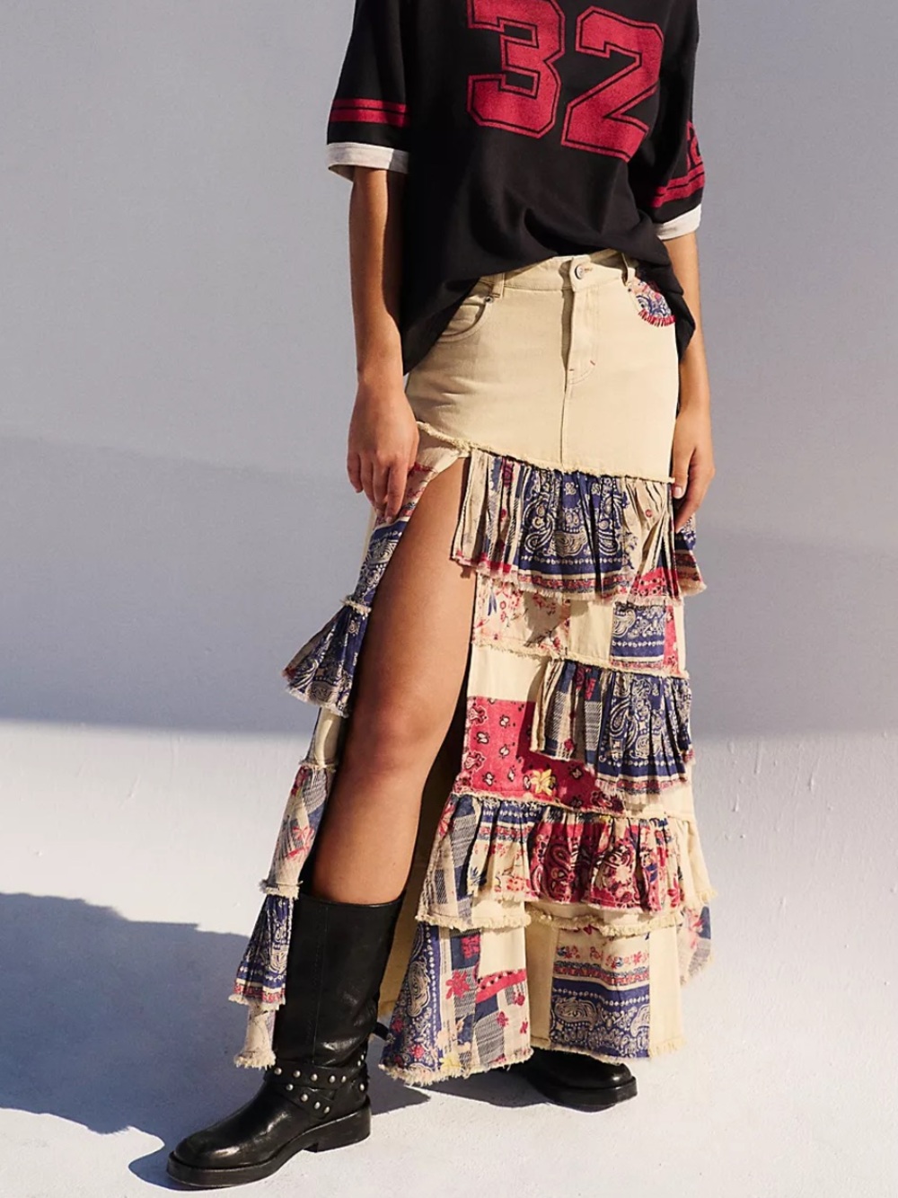 NWT Free People Harvest Moon Boho Tiered Patchwork Maxi Skirt in Cream and Multi